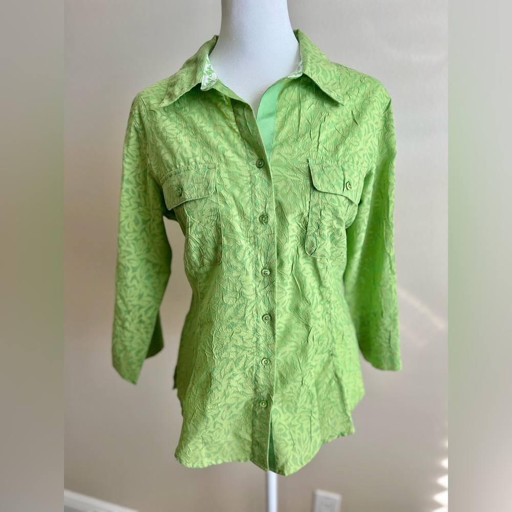 Coldwater Creek Green Lightweight Button Up Pockets Floral 3/4 Sleeve Top S